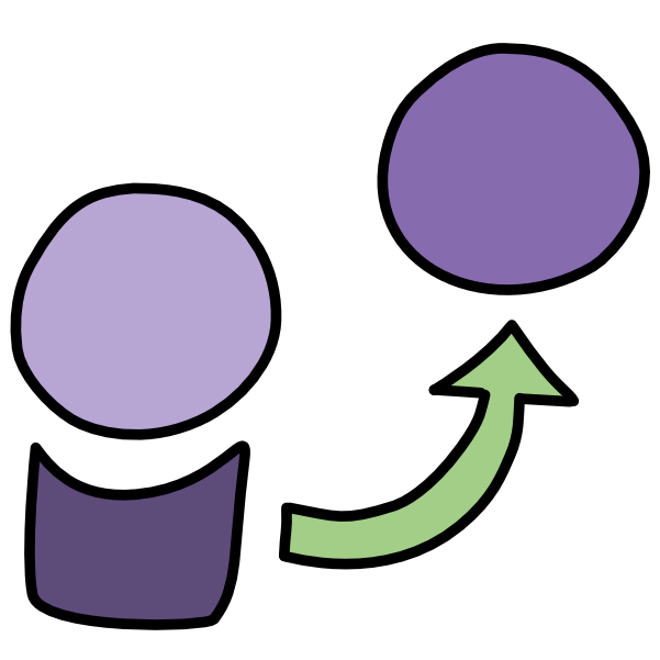 a light purple circle sits above a dark purple shape, a green arrow comes from that shape and points to a second slightly darker purple circle.